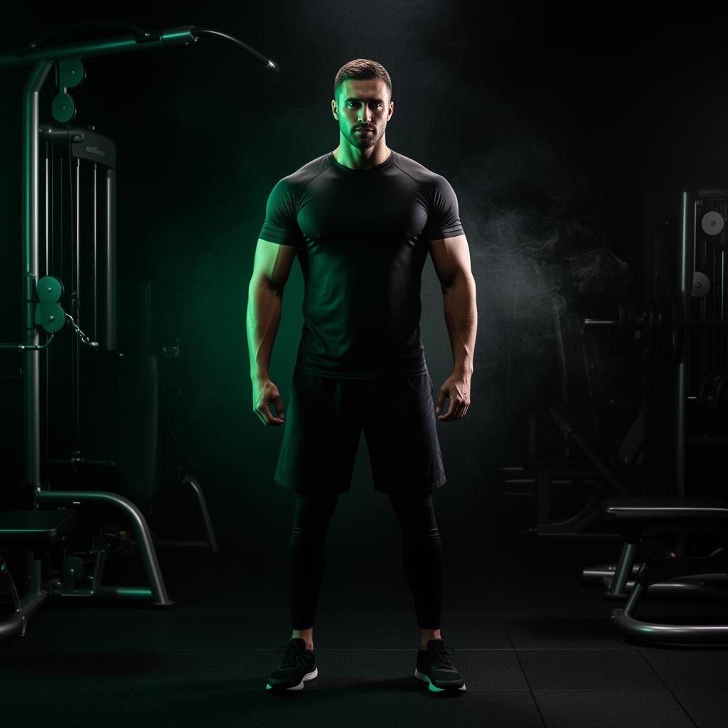 Athletic individual in a dark luxury gym with emerald green lighting