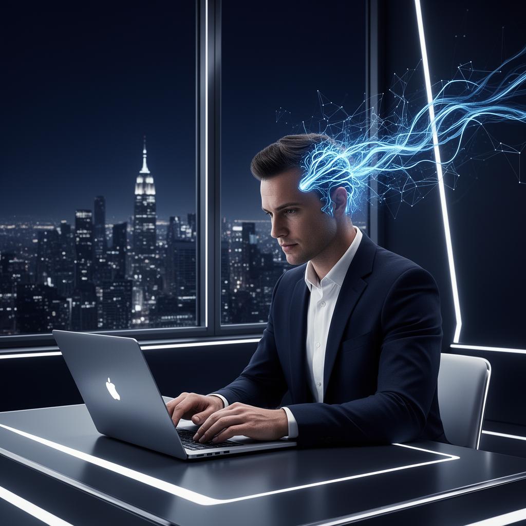 Professional entrepreneur with neural network graphics and city skyline